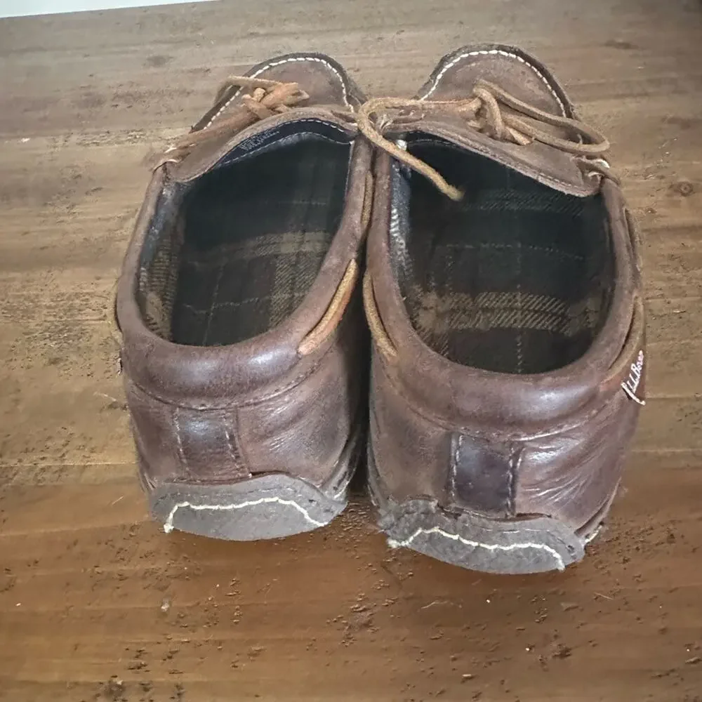 LL Bean Men's Flannel Lined Brown Slippers Size 9M Leather Moccasin Shoes